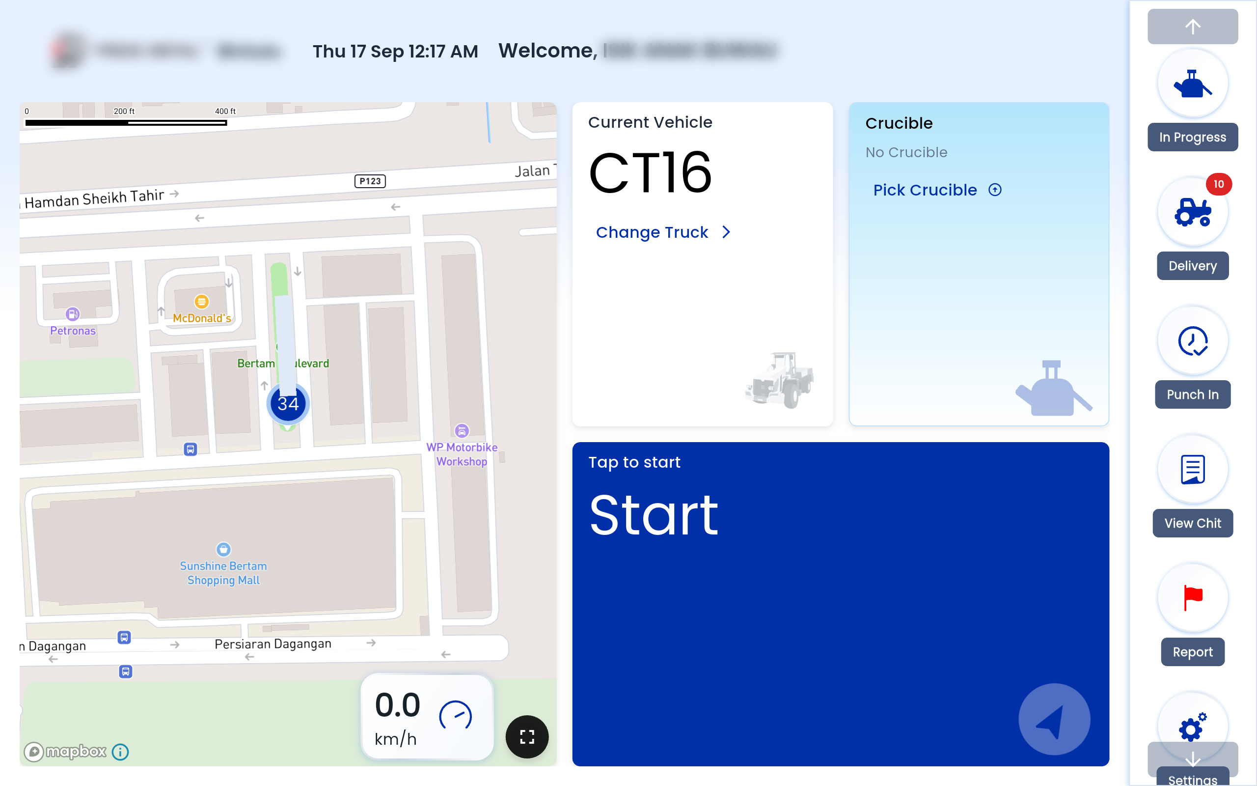 Driver tablet app showing an active fleet assignment