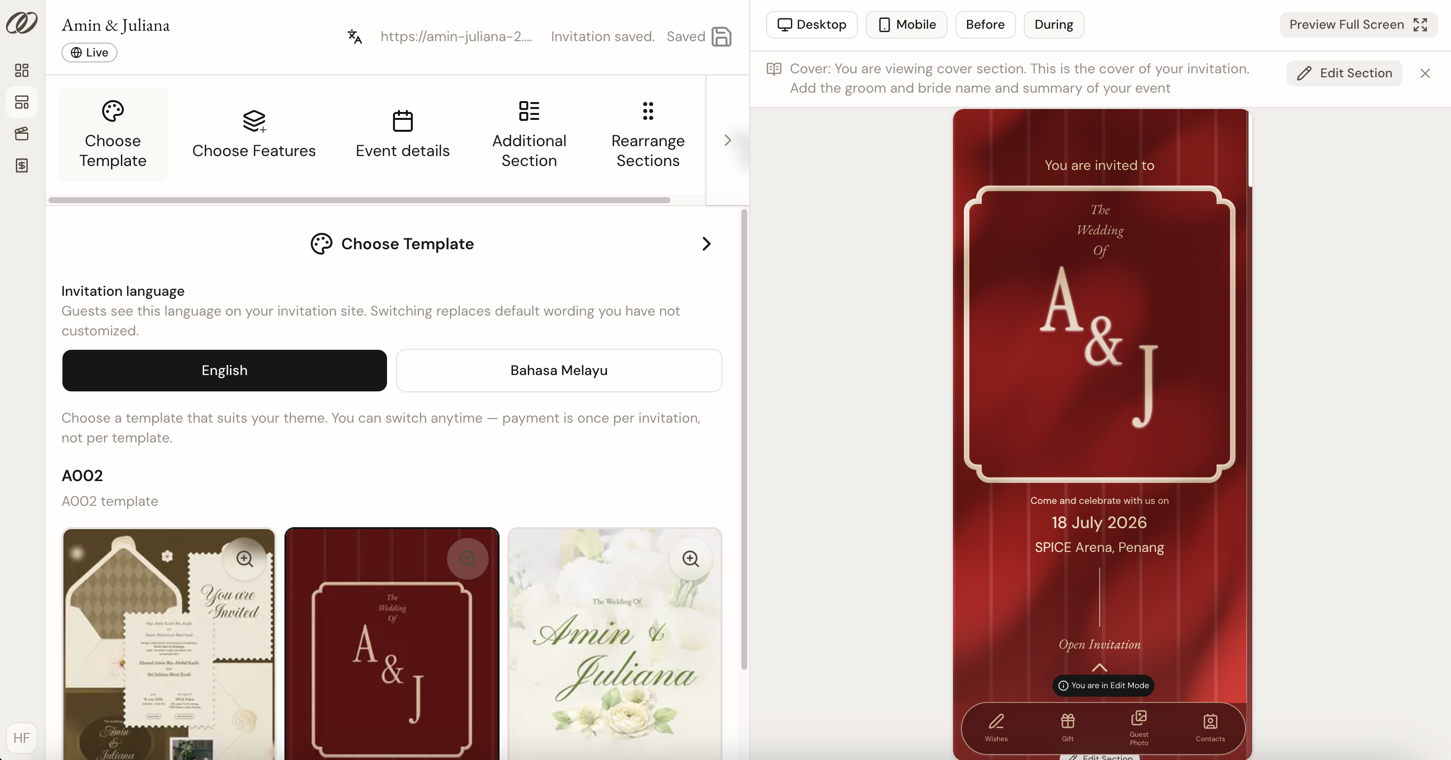 Memoira invitation editor interface